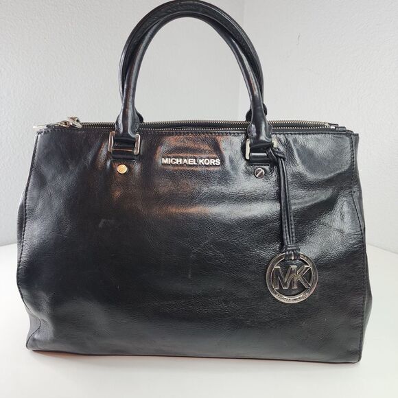 Michael Kors Black Leather Tote Bag MK Logo Charm Silver Zip Expandable Purse - Picture 1 of 12